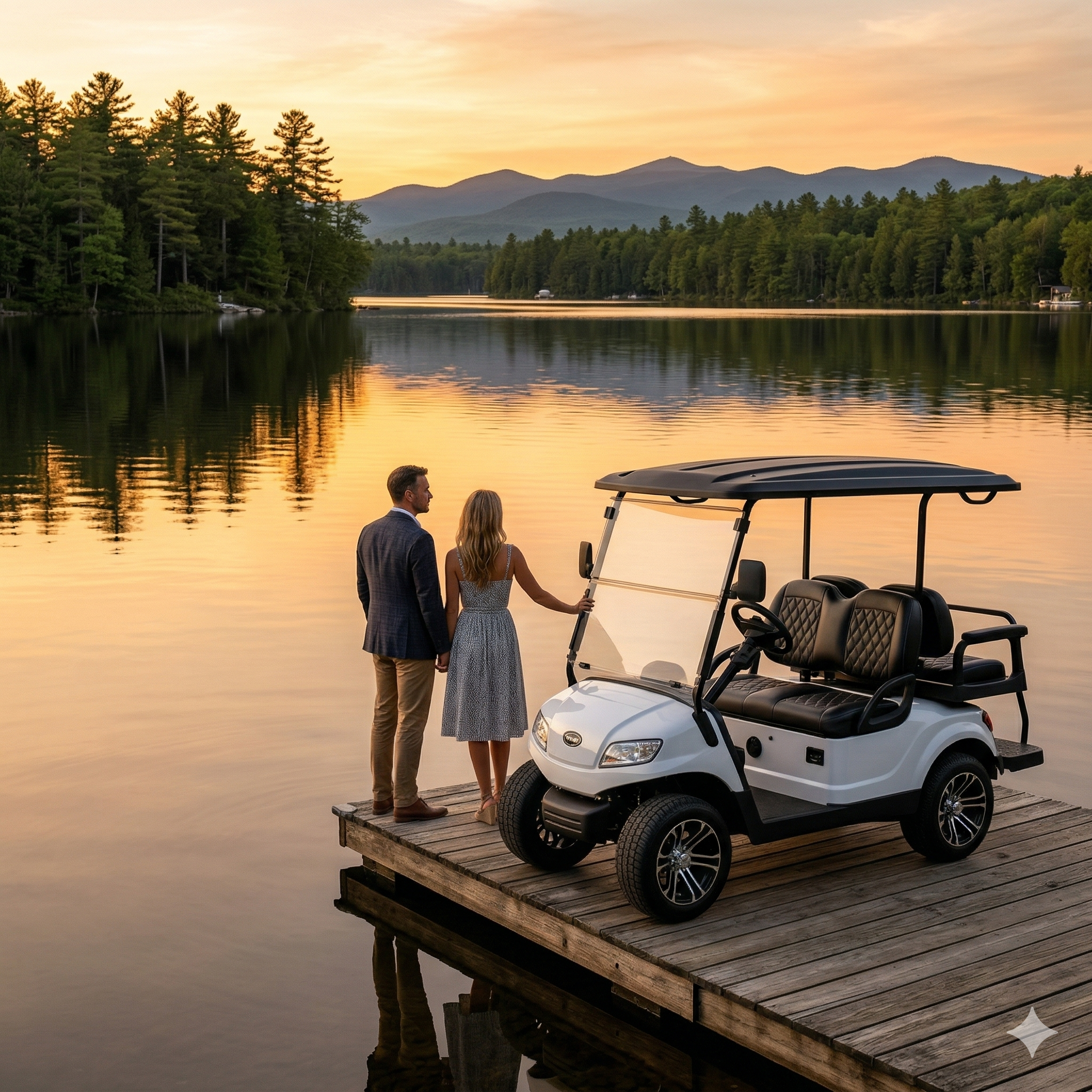 Luxury golf cart at a New Hampshire lakefront dock