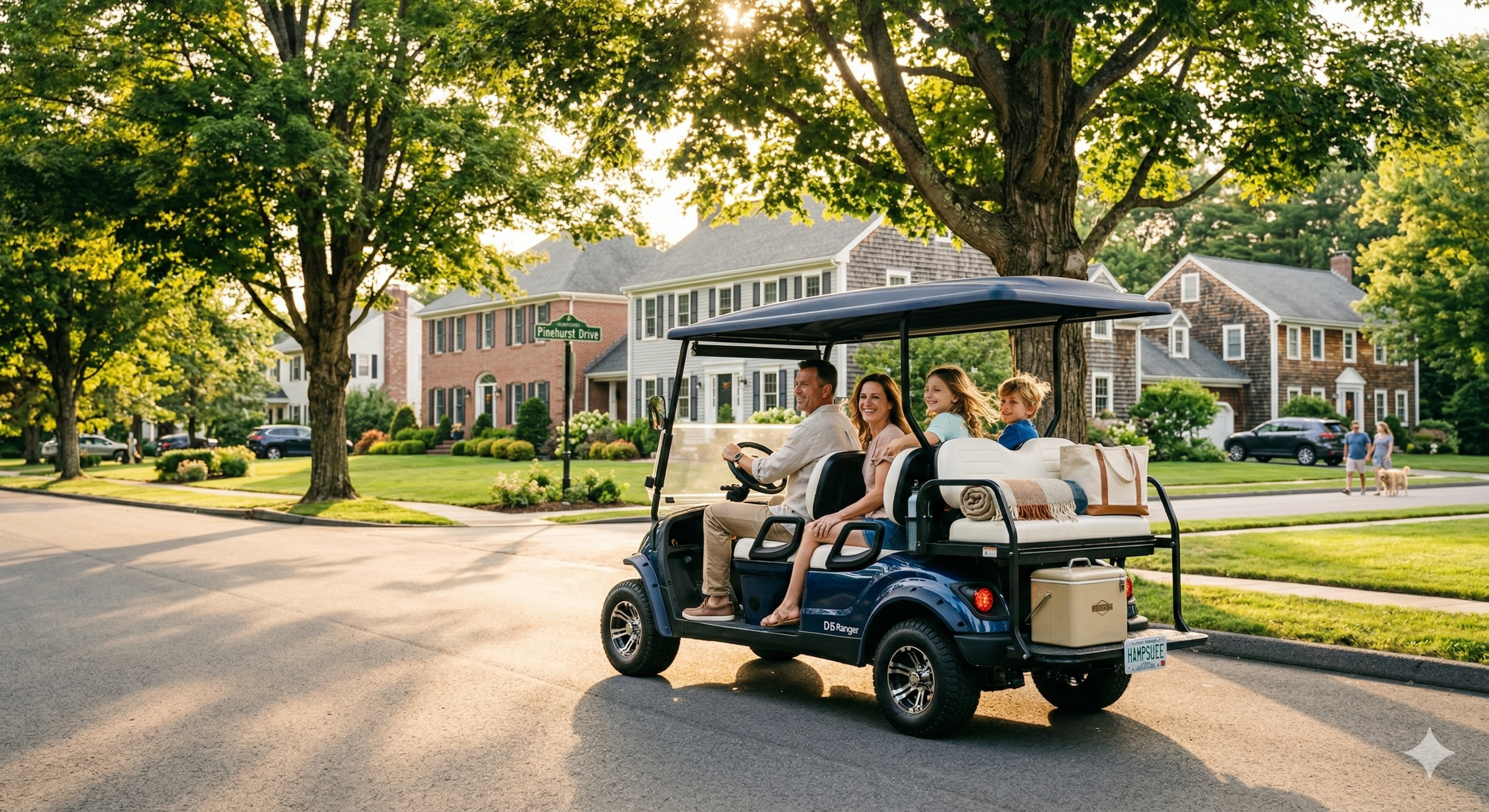 Family riding a golf cart through a neighborhood