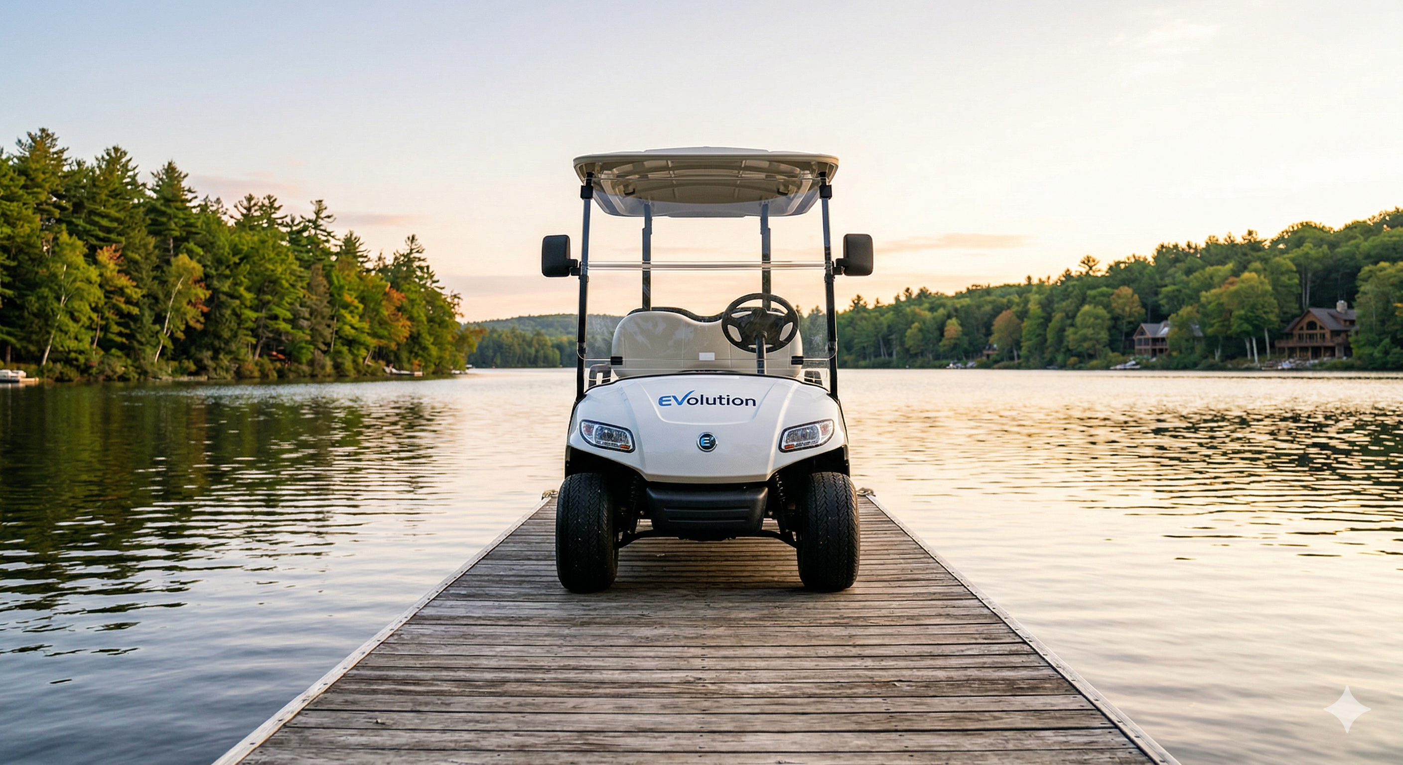 Golf cart parked at a New Hampshire lake house dock