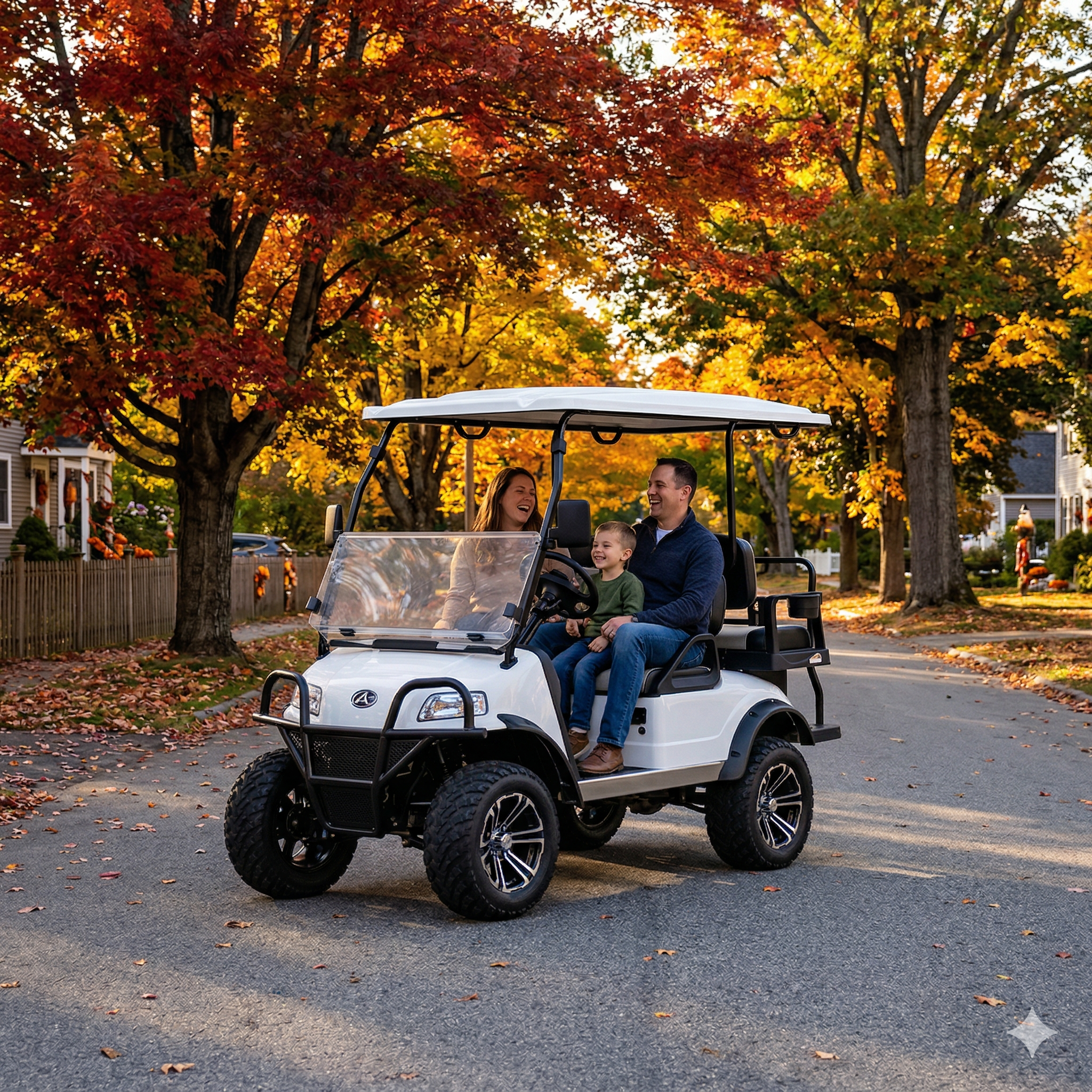 Family cruising a New Hampshire neighborhood street in a luxury golf cart