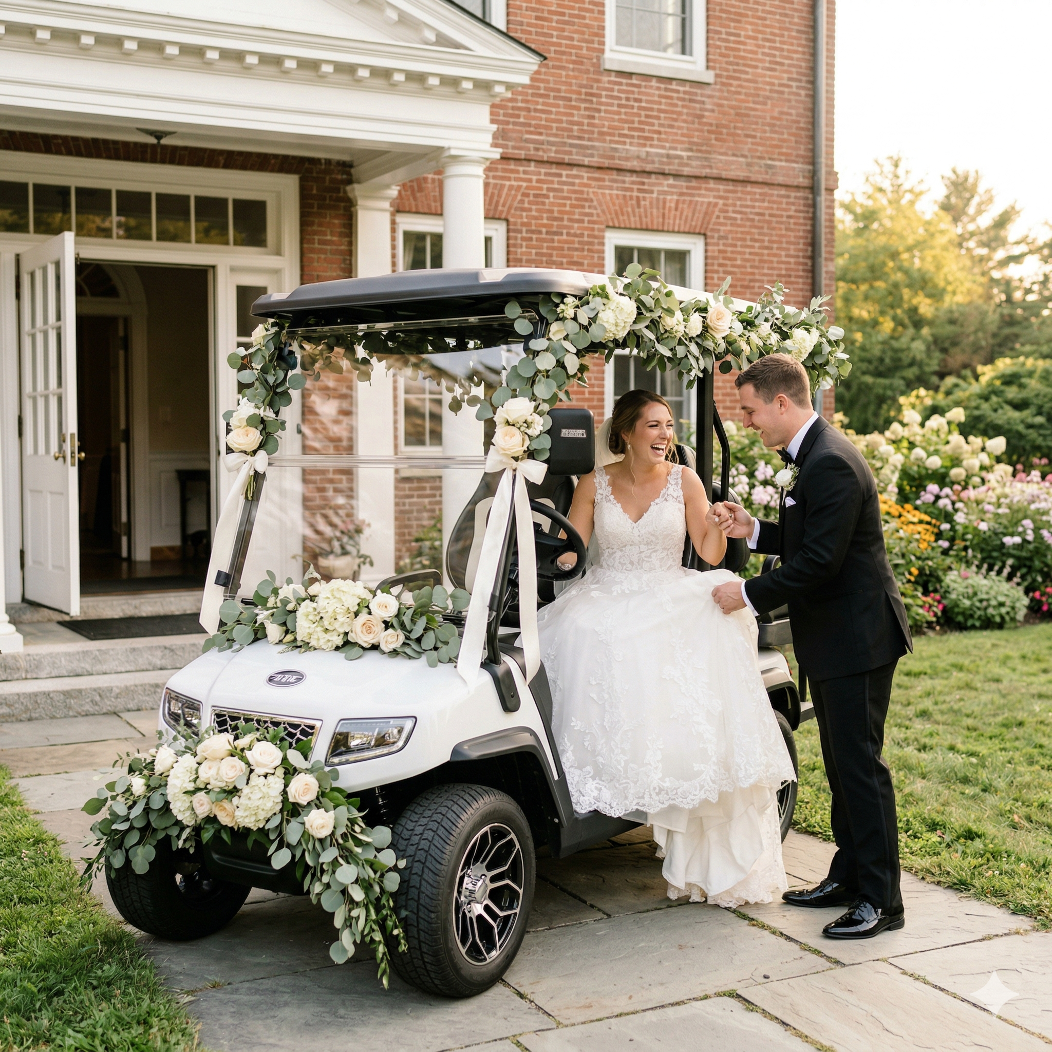 Bride and groom stepping into a decorated golf cart at a wedding venue