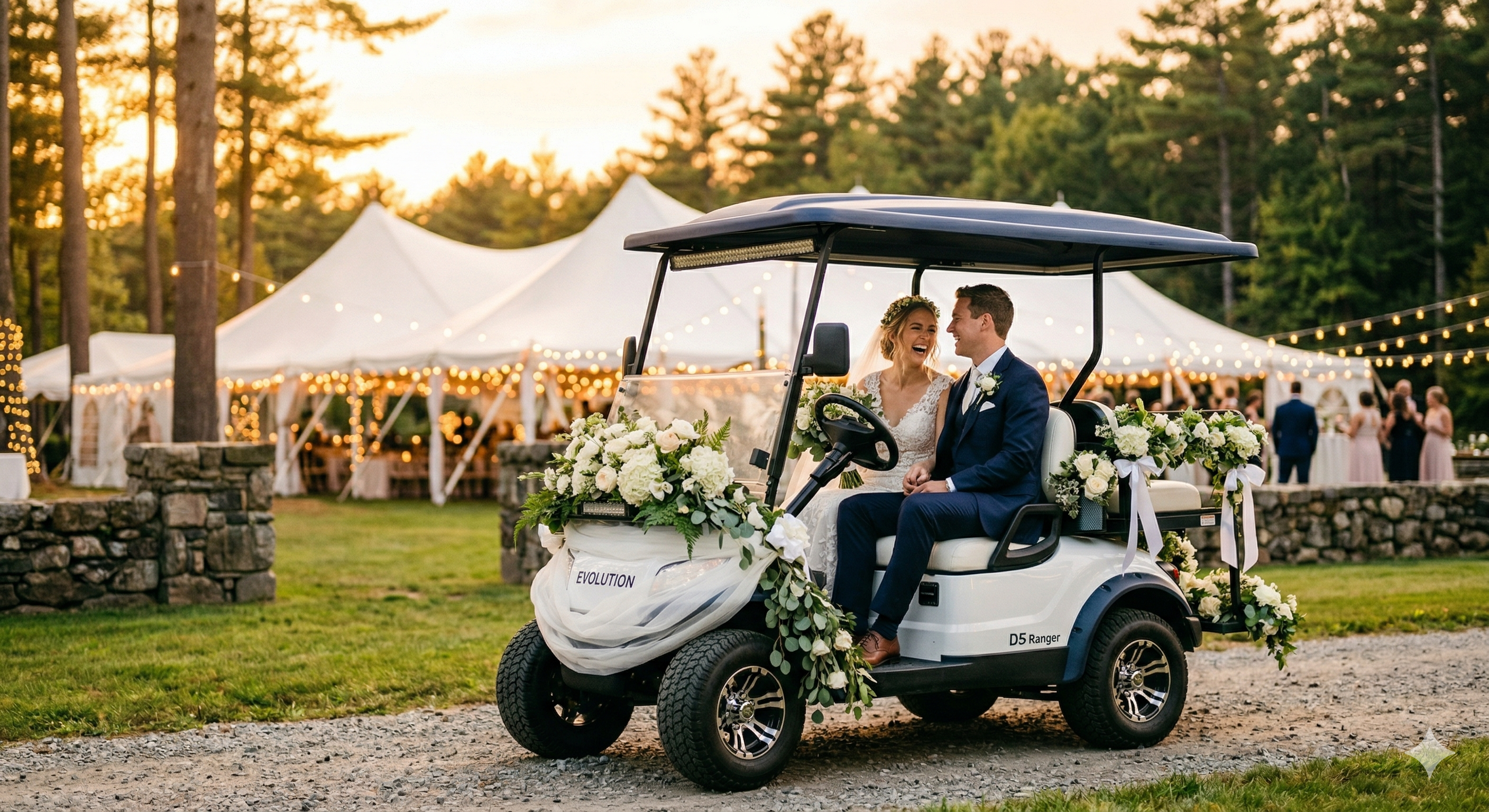 Decorated golf cart at an outdoor wedding venue